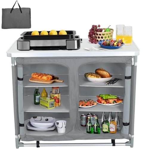 Image of Warmiehomy Folding Camping Storage Unit Portable Camping Kitchen Unit, Camping Cupboard with Aluminium Frame, 1 double cupboard, Grey,100×50×80cm