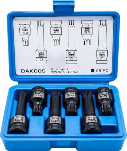 Image of DAKCOS 1/2 Inch Impact XZN Bit Socket Set, M14 M16 M18, 6 Piece Triple Square Spline Bit Socket Set,Cr-Mo