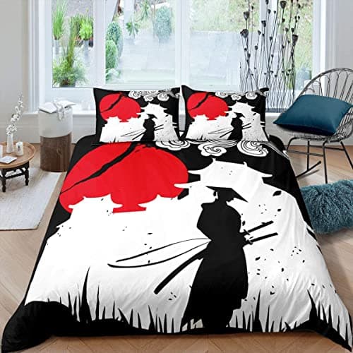 Image of Homewish Samurai Duvet Cover Single Size Sunset Print Comforter Cover Japan Bedding Set Building Silhouette Breathable Bedspread Japanese Ukiyoe Quilt Cover Ultra Lightweight