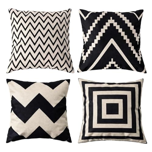 Image of KxrTpx Black and White Cushion Covers, Set of Four Geometric Throw Pillows, Modern Abstract Design for Living Room Sofa and Bedroom Decor, Standard 45 x 45 cm Size