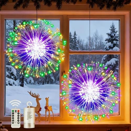 Image of Joycome Firework Lights 2 Pack 198 LED Starburst Lights Battery Operated, Christmas Hanging Lights with Remote, 8 Modes Waterproof String Lights for Outdoor Patio Tree Party Decorations - Multicolor