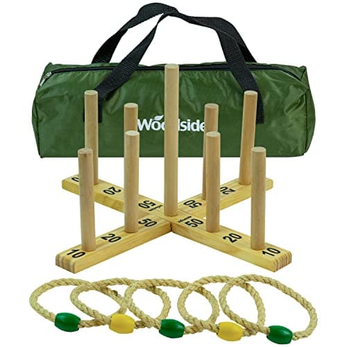 Image of Woodside Garden Quoits Ring Toss Game, Outdoor Family Lawn Fun, 5 Rope 9 Pin