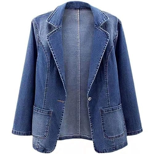 Image of Denim Jackets for Women UK Formal Stretch Vintage Wash Coat Long Sleeve One Button Jacket with Pockets Boyfriend Jean Jacket Casual Autumn Jean Blazer Outerwear
