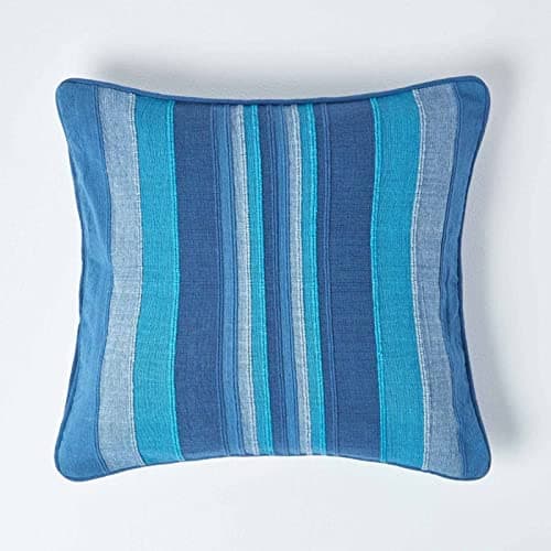 Image of HOMESCAPES Morocco Striped Cushion Cover 18 x 18 Inches Navy Aqua Duck Egg Blue 100% Cotton Cover Coordinating with Morocco Throws and Curtains Easy care Washable at home