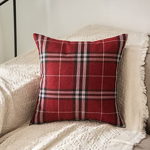 Image of RKAAS HOME Pack of 4 Decorative Luxurious Tartan Check Square Cushion Cover for Living Room Sofa Couch Bed 45cm x 45cm 18x18 Inches (Pack of 4 - Red)