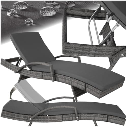 Image of tectake® Rattan Sun Lounger with 5-Position Adjustable Backrest, Weather-Resistant Garden Daybed with Aluminium Frame & Quick Assembly, Soft Sun Lounger Cushion with Removable Cover - Grey