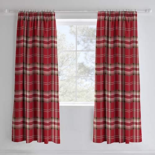 Image of Catherine Lansfield Kelso Check 66x72 Inch Lined Pencil Pleat Curtains Two Panels Red