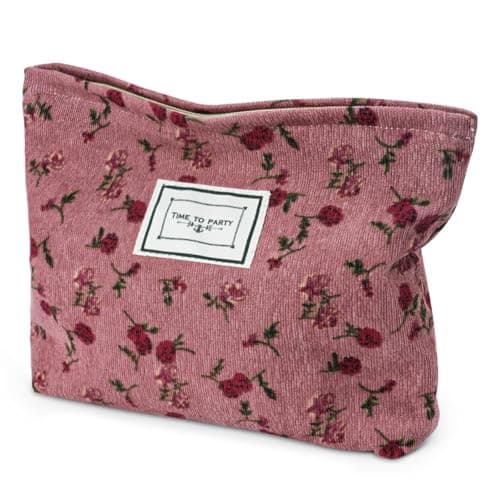 Image of Aucuu Cosmetic Bags for Women, Small Floral Canvas Cosmetic Bag, Rose Flower Printing Corduroy Toiletry Bag, Multifunctional Travel Makeup Bag with Metal Zipper for Women Girls Gift - Red Rose