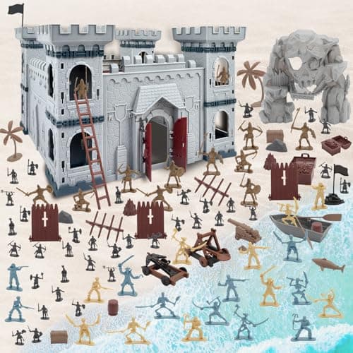 Image of deAO 310 Pieces Medieval Castle Knight Playset for Kids, DIY Castle Knight Soldier Army Men Toys with Soldiers, Pirates, Catapults, Trees, Ancient Military Soldier Toys Set for Boys and Girls