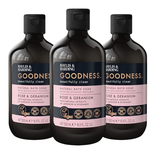 Image of Baylis & Harding Goodness Rose & Geranium Natural Bath Soak, 500 ml (Pack of 3) - Vegan Friendly