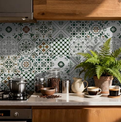 Image of Tile Stickers for Kitchen 24 pcs Stick on Tiles Kitchen Bathroom Self Adhesive Peel and Stick Wall Waterproof Oil-Proof (15cm x 15cm, 6x6 inches) for Floor Stairs Furniture(Green White)