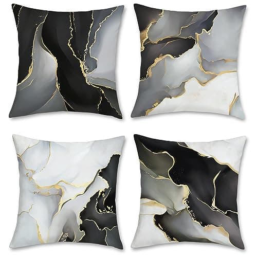 Image of Bonhause Black Gold Grey Marble Cushion Covers 45 x 45 cm Marble Texture Modern Decorative Throw Pillow Covers Soft Velvet Pillowcases for Sofa Bed Home Patio Decor Set of 4