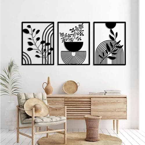 Image of Pduoduo 3 Panels Abstract Metal Boho Wall Decor Modern Geometric Metal Wall Decor Black Garden wall art for Home Bedroom Living Room(22 * 16.5in)
