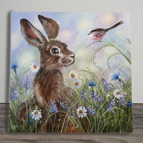 Image of Flower Meadow Hare Ceramic Picture Tile Artwork By Judith Yates Hanging Wall Art Home Décor