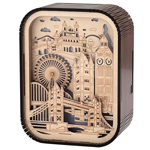 Image of DRMFLE 3D London Souvenir, Wood Crafts Laser Cut London Landmark Building Model UK Travel Souvenir Gifts Big Ben Tower Bridge London Eye Tower of London, Desktop Wooden Ornaments with Light