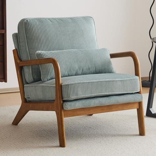 Image of Bonnlo Accent Chair, Soild Wood Padding Lounge Armchairs, Occasional Reading Chair with Cushions and Lumbar Pillow, Armchairs for Living Room, Bedroom, Guest Room, Corduroy (1, Light Blue-1pcs)