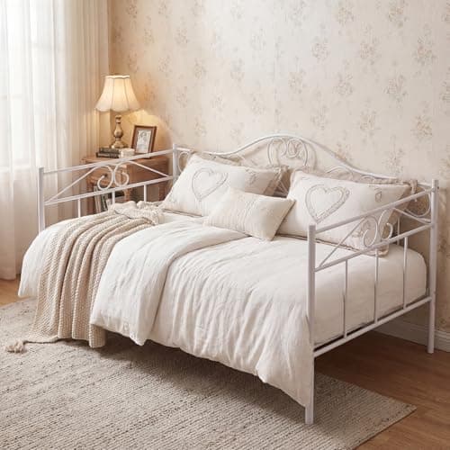 Image of Panana Twin Size Luxury Metal Daybed Sofa Bed Platform with Headboard For Bedroom Living Room (White, StyleB-Daybed)
