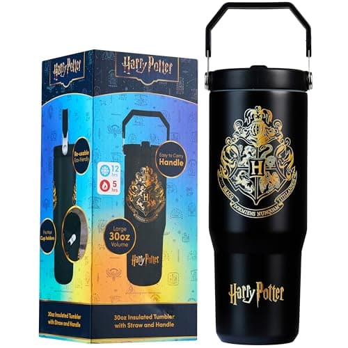 Image of Get Trend Harry Potter Insulated Tumbler Flip Up Straw & Handle, Metal Travel Water Bottle 850ml/30oz, Thermal Double Wall Vacuum, Hot & Cold Drinks (Black Harry Potter)