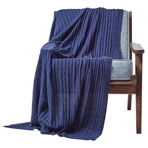 Image of HOMESCAPES Large Navy Cable Knit Throw 150 x 200 cm Combed Cotton Soft and Cosy Dark Blue Blanket Bed and Sofa Throw For Small Sofas and Double Beds