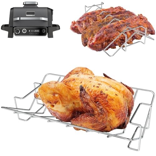 Image of WEBROIL 2 in 1 Ribbed Grill for Ninja Smoker OG900, OG800, OG951, OG952 - Ninja Turkey Roasting Rack Woodfire Pro Connect XL - BBQ Accessories Stainless Steel Silver