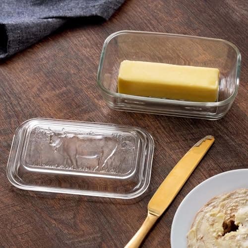 Image of UNIQUE HOME LIVING Glass Butter Dish with Lid for Kitchen Countertop Table, Classic Style Butter Storage, Embossed Cow Design Cover, Transparent 17 x 11 x 6cm