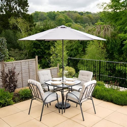 Image of Hectare 4 Seater Metal Garden Furniture Outdoor Dining Set with Table and Parasol in Grey Stripe