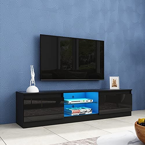 Image of TV Stand Cabinet Modern Black Gloss TV Stand Unit with LED Lights 160CM, 2 Doors, 2 Open Shelves LED TV Cabinet for Bedroom Living Room Home Furniture