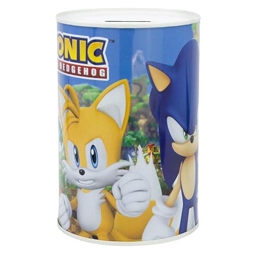 Image of Golddunes Metal Money Box, Tin Piggy Bank, Break to Open Design, 15 x 10 x 10 cm, Metallic Finish, Coin Slot, Educational Savings for Children (Sonic)