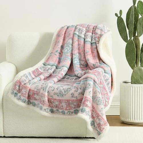 Image of Boho Floral Sherpa Throw Blanket, Reversible Flannel Print & Soft Sherpa, Cozy Fleece Blanket - Pink Bohemian throw for Sofa, Couch, Bed, Home Decor