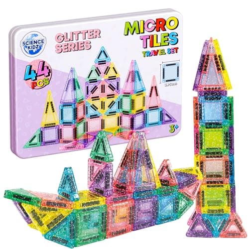 Image of Science Kidz 44-Piece Glitter Series Mini Magnetic Tiles Travel Set - 44 Magnet Building Tiles & Storage Tin - Magnetic Shapes For Kids - Aeroplane Activities Travel Toys For Girls