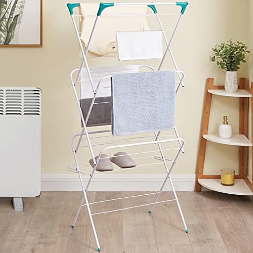 Image of Vivo Technologies 3 Tier Deluxe 14m Foldable Clothes Airer, Washing Line Horse Laundry Dryer Indoor Folding Drying Racks 4 Corner Hooks White