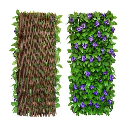Image of Artificial Leaf Screening, Expandable Fence Privacy Screen for Balcony Patio Outdoor,Decorative Faux Ivy Fencing Panel,Artificial Hedges 40x200cm- Expanded (1pcs, Purple Flowers)