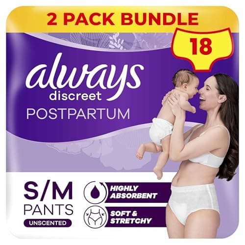 Image of Always Discreet Postpartum & Adult Incontinence Pants High-Waisted Maternity Knickers Super Absorbent, Soft & Breathable Size Medium, 18 Count (9 x 2 Packs)