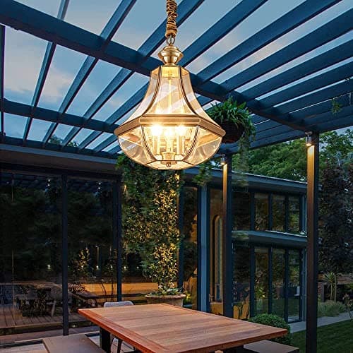 Image of FZQSXAZU IP44 Outdoor Waterproof Hanging Pendant Lamp External Copper Lantern Chandelier E14 3-light Anti-rust Ceiling Light Suspended Mounted Luminaire Pavilion Sun Room Lighting Change fo
