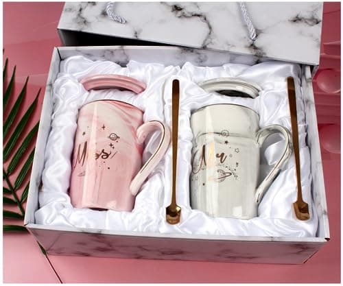 Image of Lydlrum Marble Coffee Cups Set Wedding Gifts for Couple Engagement Bridal Shower Bride and Groom Anniversary Ceramic Mugs 14 Oz (Mr&Miss)