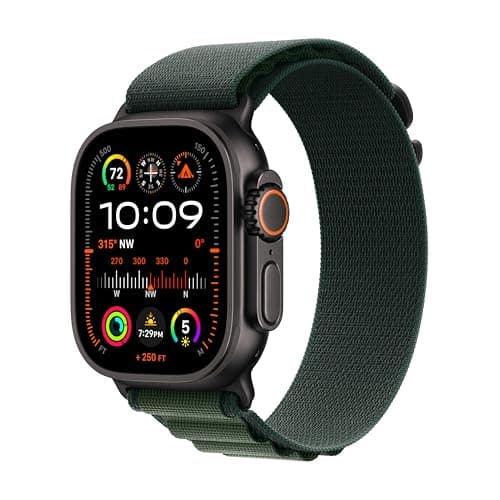 Image of Apple Watch Ultra 2 GPS + Cellular 49mm Smartwatch, Sports Watch with Black Rugged Titanium Case and Dark Green Alpine Loop - L. Fitness Tracker, Precision GPS, Extra-Long Battery Life, Carbon Neutral