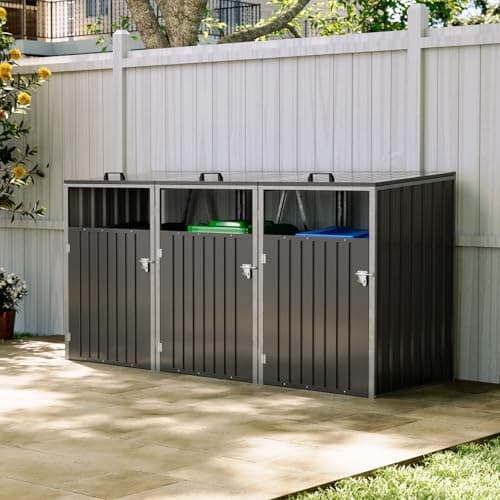Image of Warmiehomy Wheelie Bin Storage 3 Bin Storage for Wheelie Bins Galvanized Steel Outdoor Garbage Can Store with Locking Door Triple Wheeled Bins Hideaways with Lifting Lids,Charcoal Black