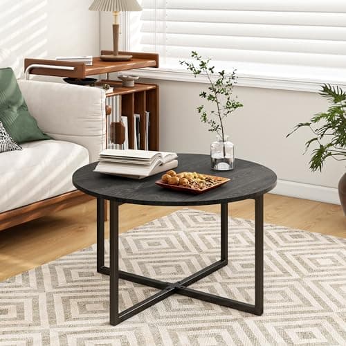 Image of BOFENG Round Coffee Table Tea Table End Table Sofa Table for Living Room with Metal Legs,Black+Black