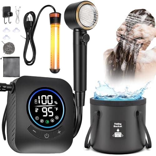 Image of Portable Camping Shower with Heater, Rechargeable Shower Pump with 20L Collapsible Bucket, 3 Spray Modes, 5-Level Water Flow Settings, LED Display, IPX8 Waterproof Outdoor Shower for Travel, Car, Pet