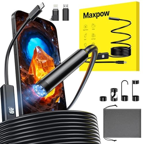 Image of Maxpow Endoscope Inspection Camera – 1920HD IP67 Waterproof, Plug & Play for iPhone/Android (No WiFi) with Snapshot & Video, 5m Ideal for Engine and Plumbing