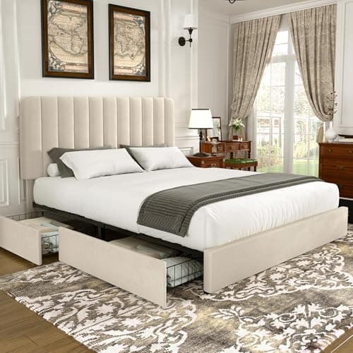 Image of VECELO 4ft6 Double Bed Frame with 4 Storage Drawers, Velvet Upholstered Bed with Headboard, Wooden Slats Support, No Box Spring Needed, Beige