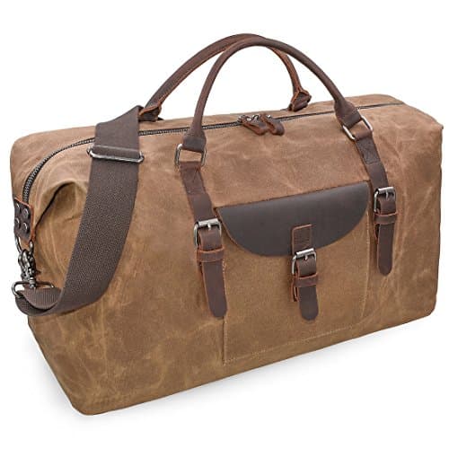 Image of Mens Travel Holdall Duffle Bag Leather Weekend Overnight Bag Waterproof Large Canvas Holdall Camping Bag (Brown)
