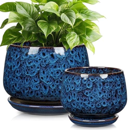 Image of Oairse 17cm + 12cm Blue Ceramic Plant Pots with Drainage Holes & Saucers, 2 PCS Glazed Flower Pots Set for Indoor Plants, Modern Decorative Ceramic Planters for Home, Office & Windowsill
