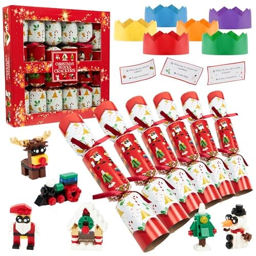 Image of KreativeKraft Luxury Pop Christmas Crackers, Pack of 6 Deluxe Xmas Crackers, Family-Friendly Novelty Xmas Gifts, Fun Party Table & Christmas Decorations (Red Block Toys)