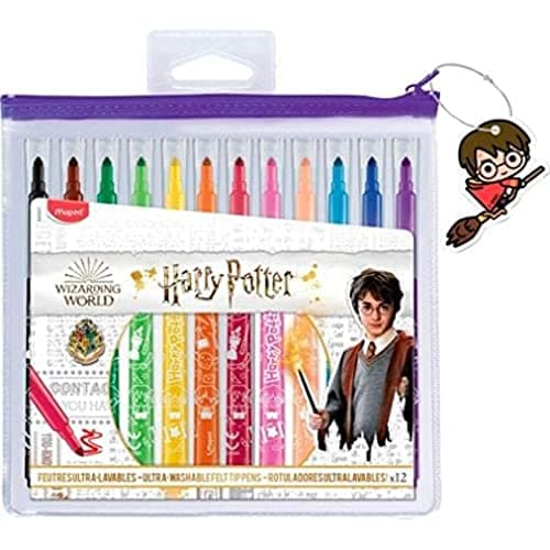 Image of Maped Long Life Harry Potter Felt Tip Pens - 12 Washable, Durable Pens with Medium Tip, Vibrant Colors, Ideal for Back to School, Reusable Case