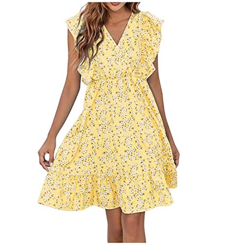Image of Zeiayuas Womens Summer Boho Beach Midi Dress Floral Print Ruffle Short Sleeve Mini Dresses V Neck Cascading Frilly Bohemian Flowy Party Elegant Sundress Ladies Yellow