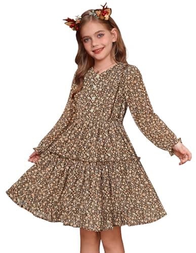 Image of GRACE KARIN Kids Flower Girl Dresses V Neck Long Sleeve Chiffon Midi Tiered Dress Light Brown 6-7 Years