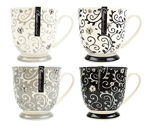 Image of YöL Set of 4 Coffee Mugs Tea Cups Floral Swirl Grey Black White New Bone China Large 400ml
