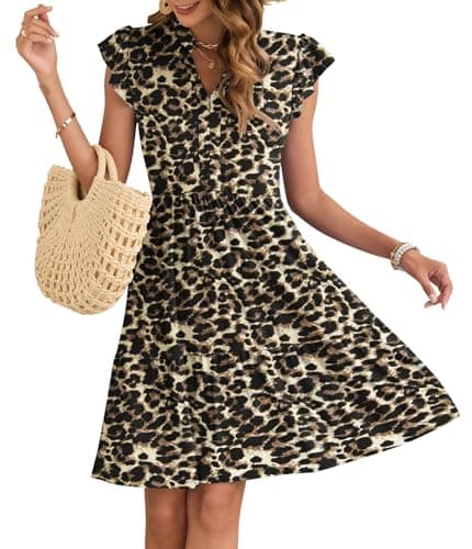 Image of AUSELILY Women Summer Dress V Neck Ruffle Short Sleeve Ladies Dress Wrap Waist Casual Minidress with Pockets Brown Leopard L