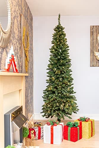 Image of 8Ft/2.4m Pre-Lit Artificial Slim Christmas Tree Green Pencil Tree, Pointed Tips, Metal Stand Warm White LEDs Lights Holiday Home Decorations